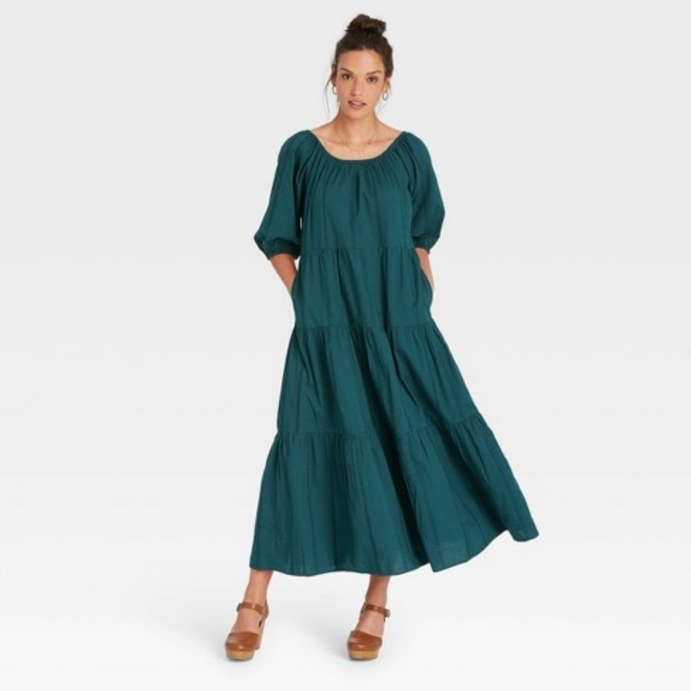 Boho Tiered Maxi Dress Puff Sleeves L pockets teal